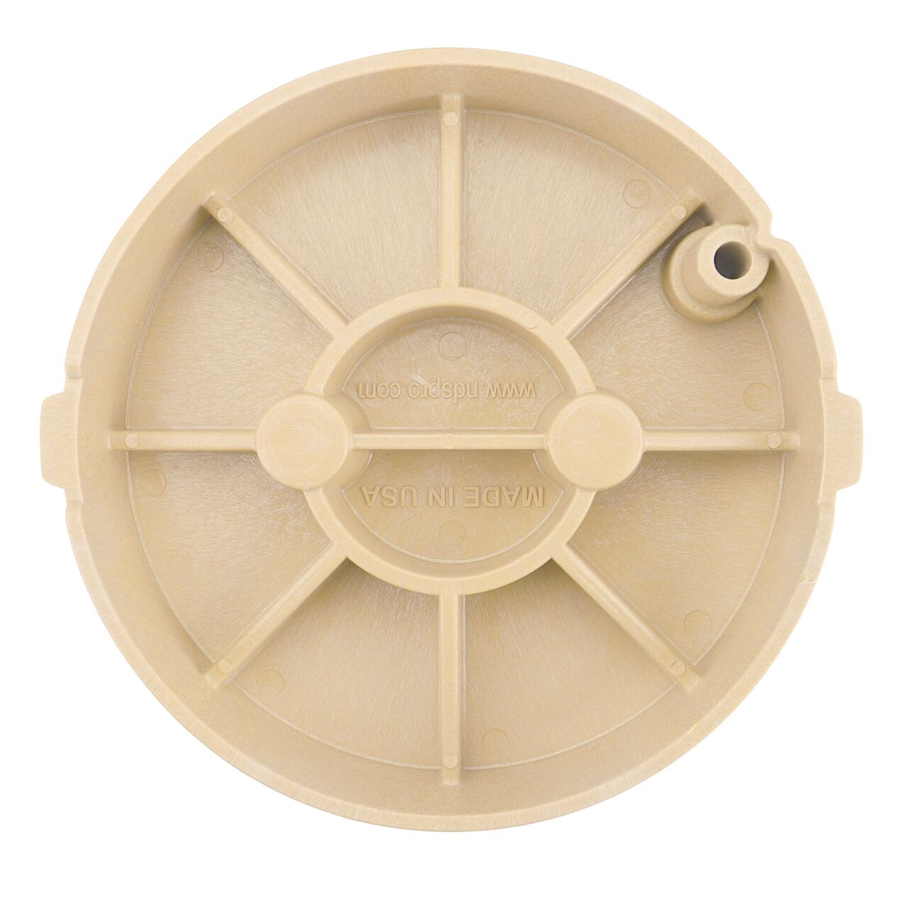 Top down view of the underside of the Sand Irrigation Control Valve cover (NDS 311CSAND) for the NDS 10 in. Round Pro-Spec® Series valve box showing reinforcing ribs that help support pedestrian and lawn care equipment