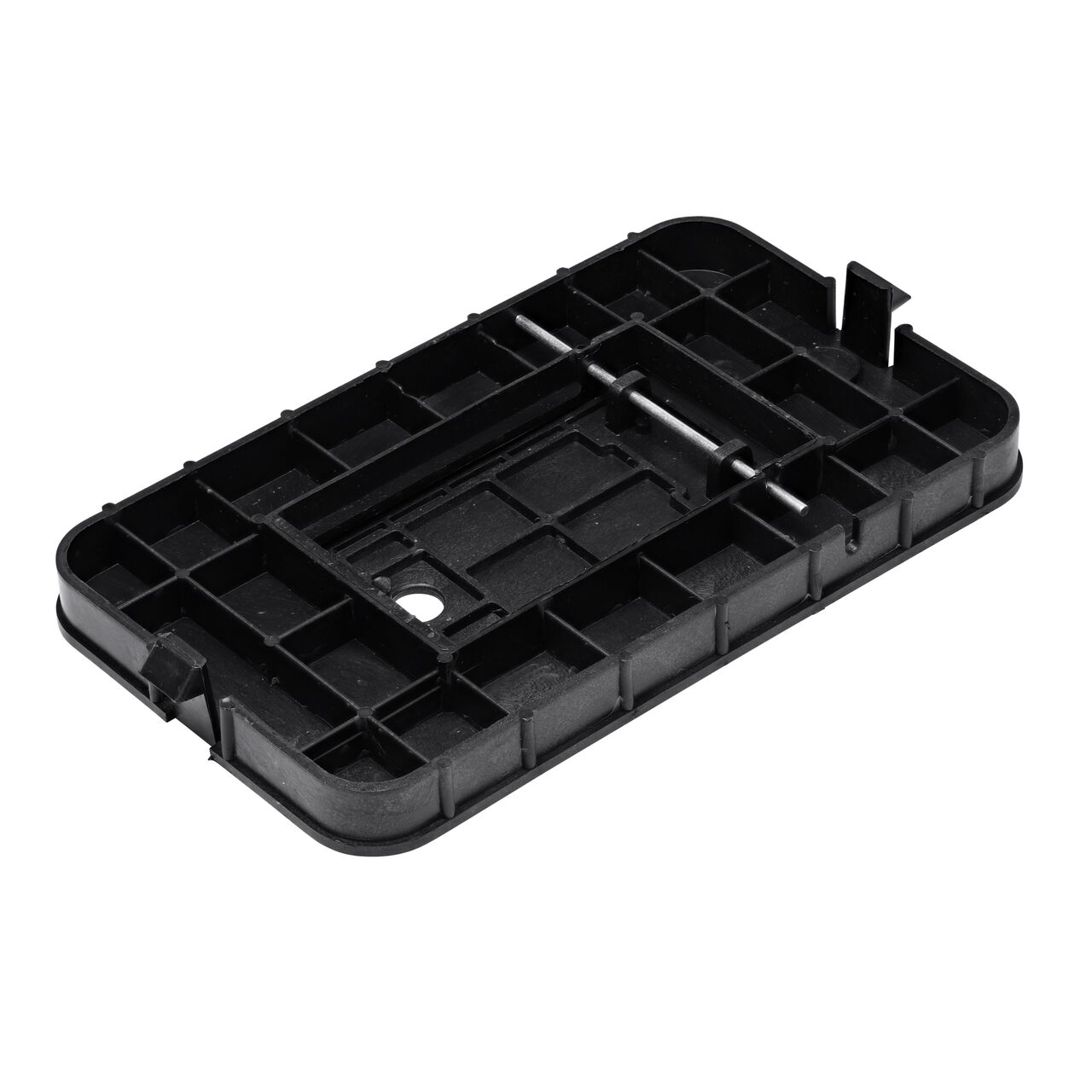 Bottom view of the reinforced ribs and plastic reader door on the NDS 10 in. X 15 in. Black Water Meter Drop-in cover (NDS D1000-RBL) that fits the NDS 10 in. X 15 in. Standard Series Meter Box