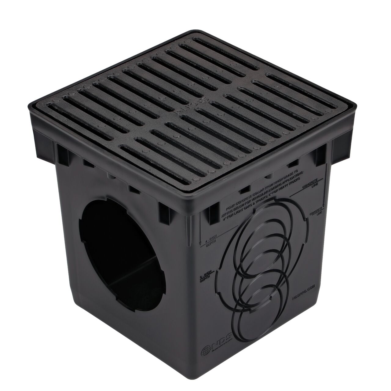12 in. Ductile Iron Metal Grate (NDS 1213) installed on a black plastic 12 in. Catch Basin Drain with 2 Openings (NDS 1200)