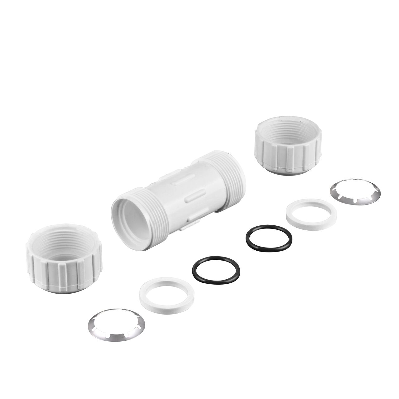Completely Unassembled NDS 1 in. Flo Lock PVC Gripper Coupling (NDS 112-10) showing the steel gripper and EPDM O-Ring (NDS 112-10)