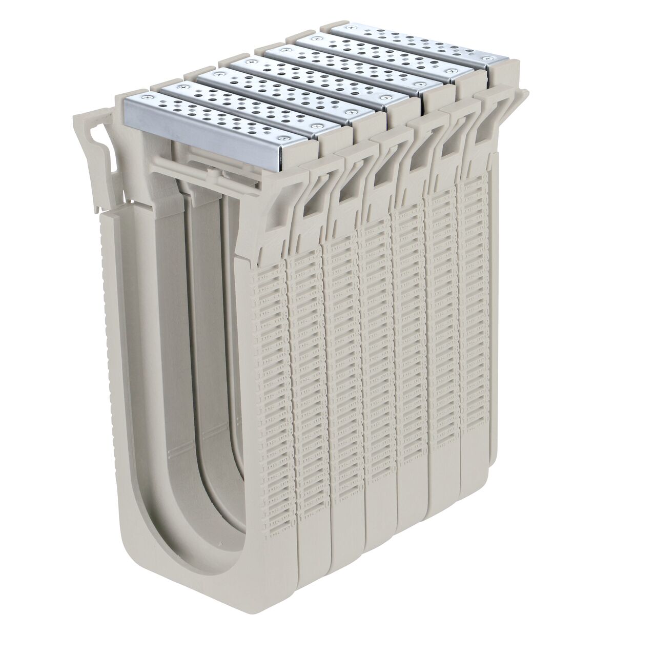 Seven Stainless Steel Perforated Design Dura Slope™ Channel Drain EZ-Track™ Radius Coupling Grates (NDS DS-226MG) installed on seven Dura Slope EZ-Track Radius Couplings (NDS DSRC) with no bend