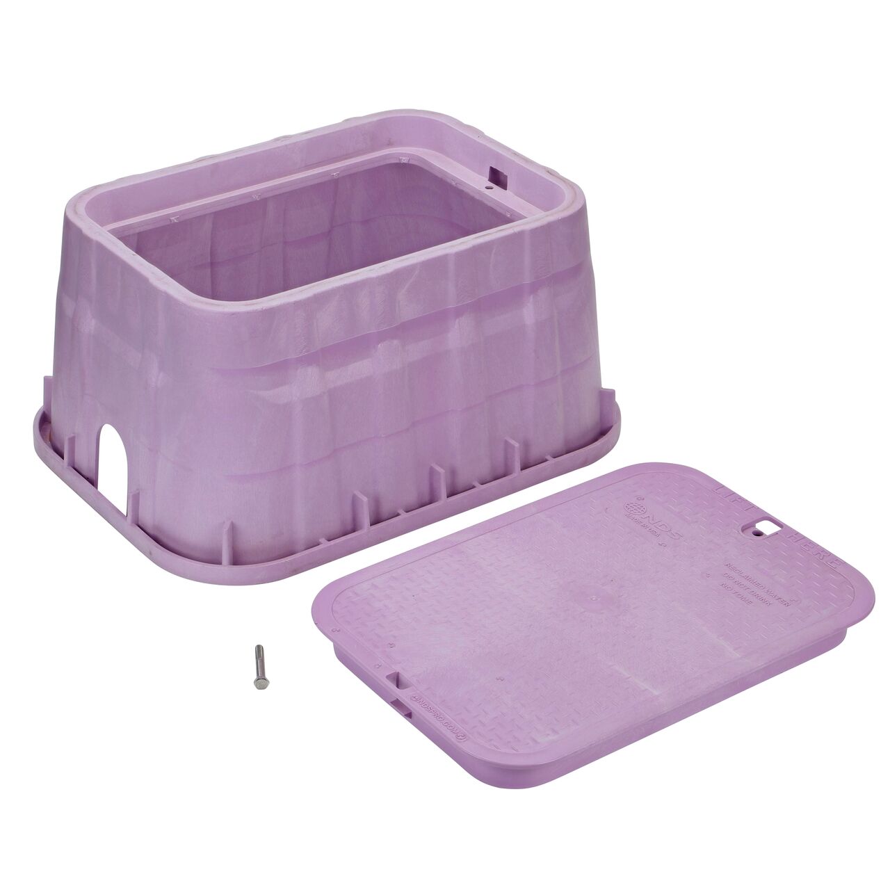 Unassembled View of the NDS 13 in. X 20 in. Purple Rectangular Pro-Spec® Series jumbo valve box, bolt and overlapping Purple Reclaimed Water cover (NDS 318PBCBR)