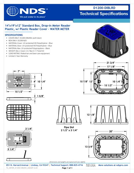 NDS 14 in. X 19 in. Rectangular D1200 Meter Box and Drop-in Cover, 12 in. Height, Black Box, Blue Water Meter Cover with Plastic Reader Tech Spec