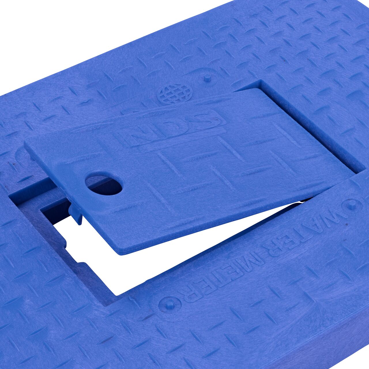 Closeup view of the Plastic reader door opened with the finger hole on the Blue Water Meter Drop-In cover (NDS D1200-DIBLRDL) for the NDS 14 in. X 19 in. Rectangular Standard Series Meter Box