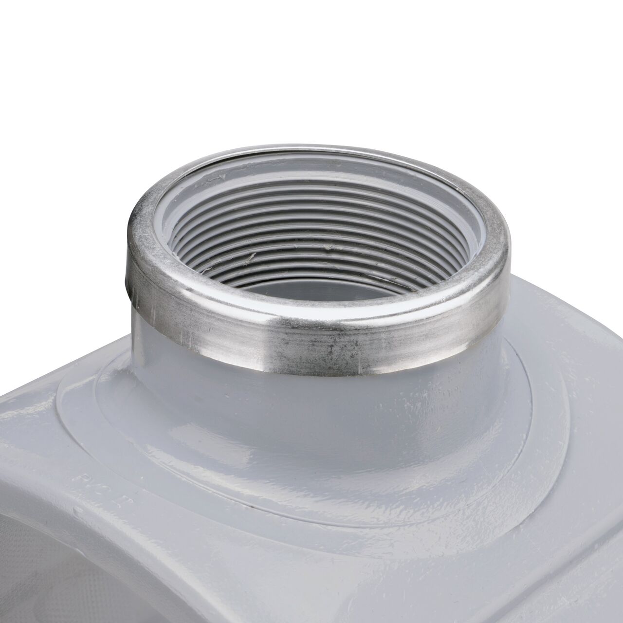 Closeup of the 2 in. FPT connection on the NDS Clamp-It™ Rigid PVC Saddle (NDS 448020) for 8 in. PVC pipe