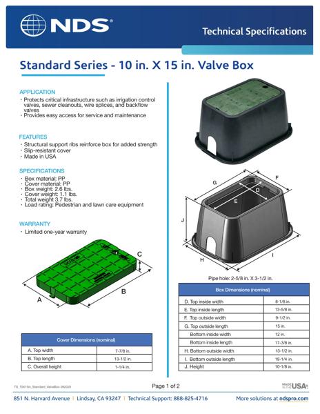 NDS 10 in. X 15 in. Rectangular Standard Series Valve Boxes & Covers Tech Spec
