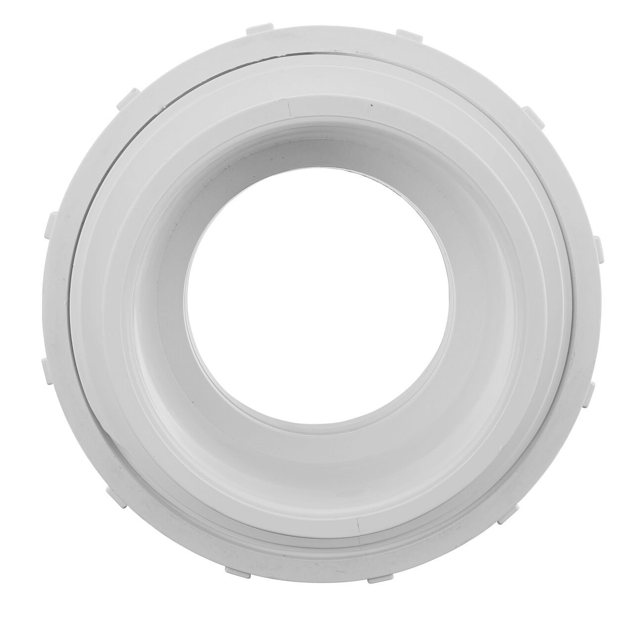 The inside of the PVC Union, 4 in. Sch. 40 S X S which allows water to flow through while preventing leaks and made of durable PVC plastic (NDS WU-4000-S)