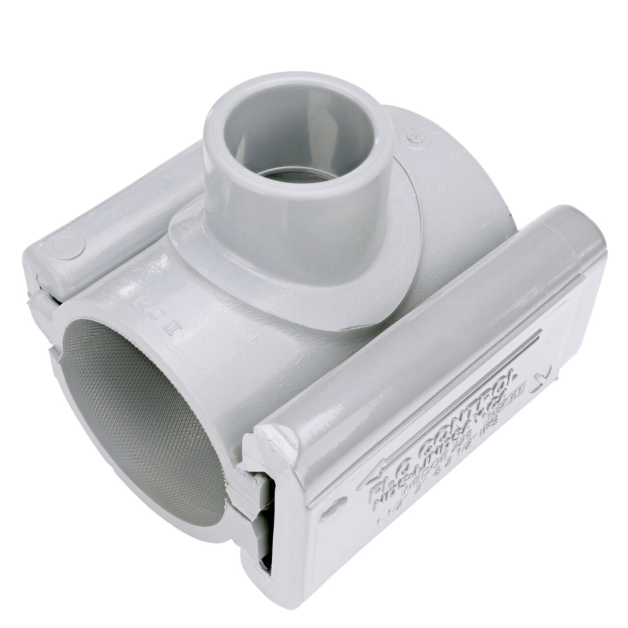 The 1 in. slip outlet at the top of the NDS Clamp-It™ Rigid PVC Saddle (NDS 432010) for 2 in. PVC pipe adds a riser or sprinkler to an existing pipeline for agricultural or mining applications
