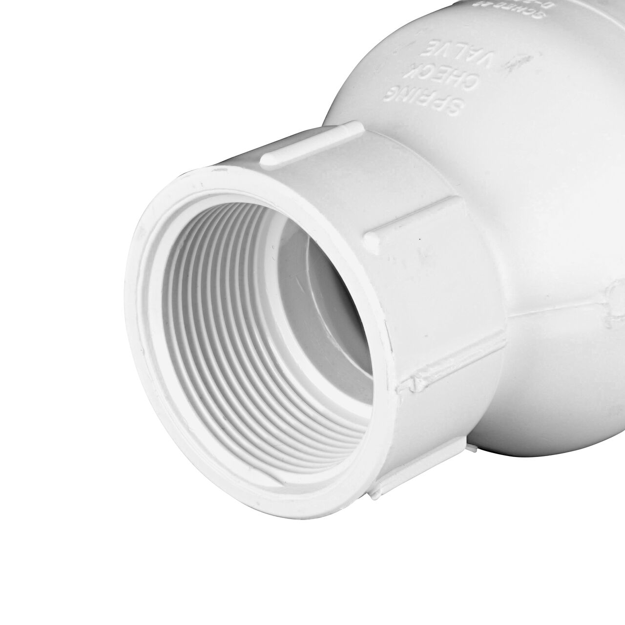 Closeup of the threaded end of the NDS White 1-1/2 in. IPS FPT X FPT PVC Adjustable Spring Check Valve with 3-1/2-50 lb. Spring (NDS 1205-15)