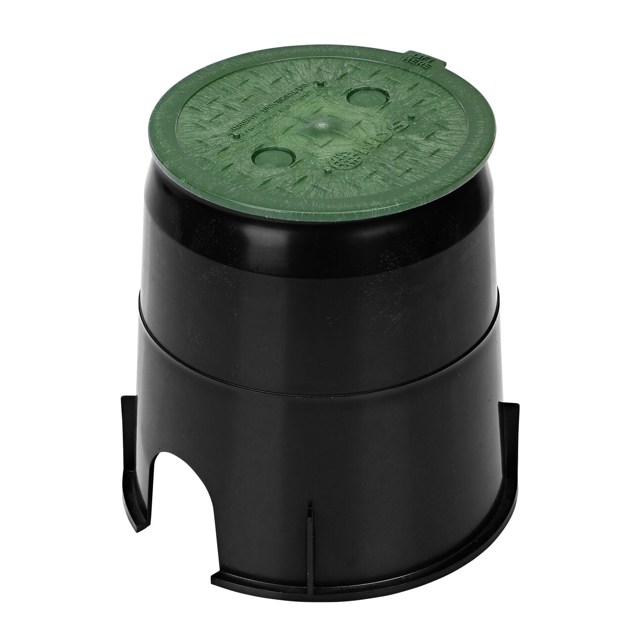 Alternate View of the 6 in. Round Surefit Universal Valve Box lid (NDS 6RND-UC) installed on a 7 in. black Ewing box
