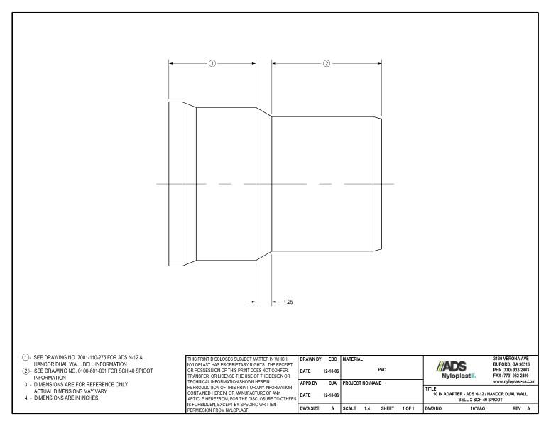 10" Adapter - N-12 Dual Wall Bell x SCH 40 Spigot Nyloplast Detail