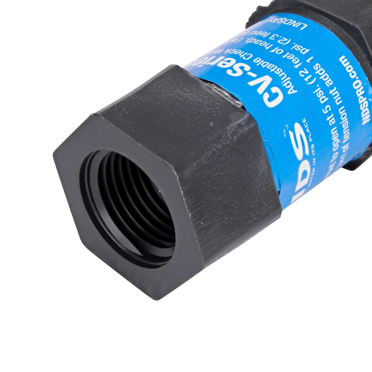 Closeup of the FPT end without the needle point spring on the NDS Gray 1/2 in. IPS FPT X FPT PVC Adjustable Inline Spring Check Valve (NDS CV-0500-FF)