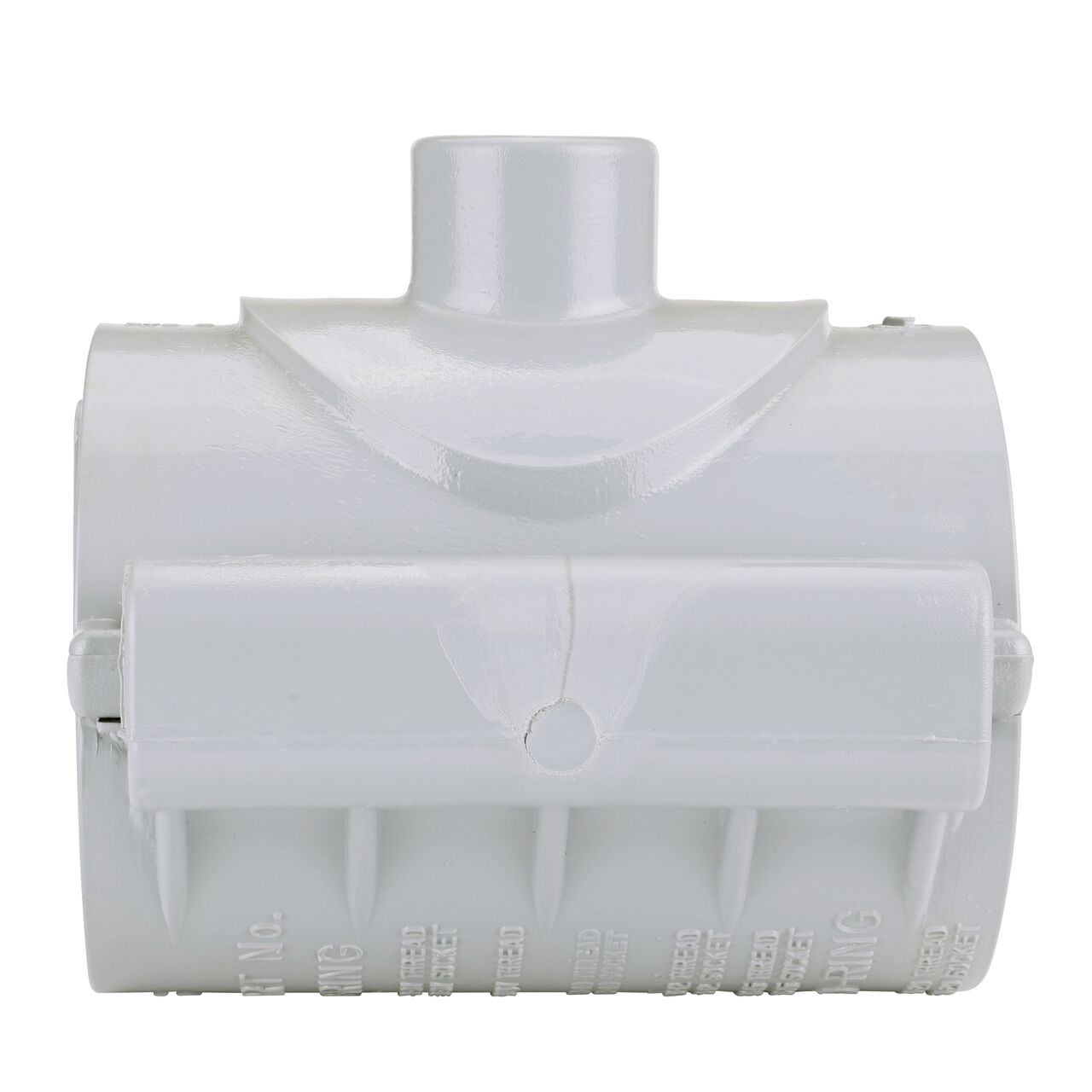 Side view showing hinged side of the NDS Clamp-It™ Rigid PVC Saddle with 3/4 in. slip connection on top (NDS 453007) for 3 in. PVC pipe