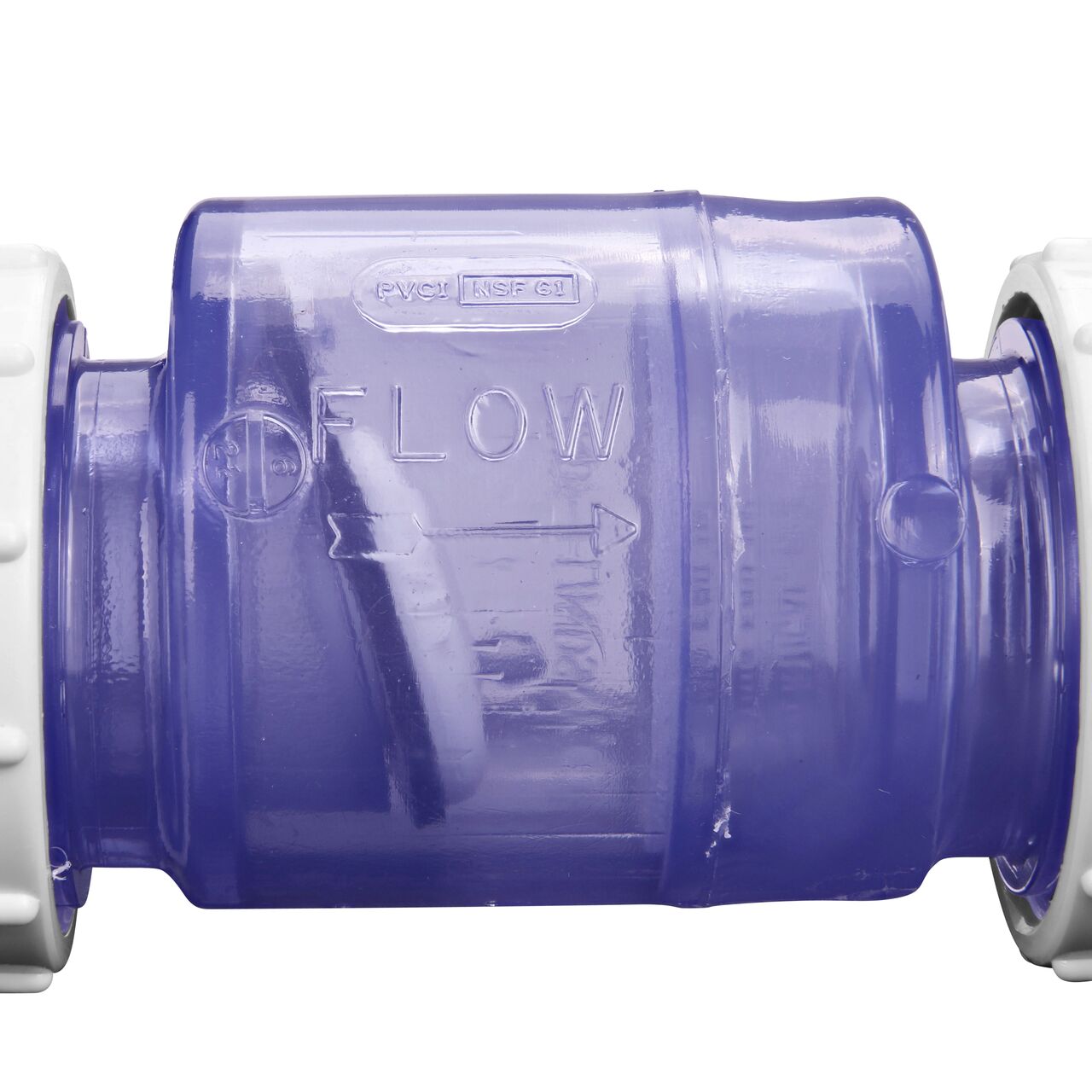 Closeup of the directional arrows showing which water the water flows through the NDS Clear 1 in. IPS U X U PVC True Union Swing Check Valve (NDS 1720C10)