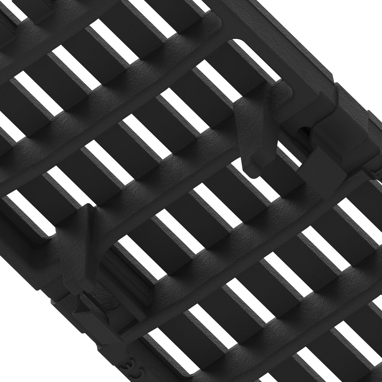 Underside of the class C bar design ductile iron BG-FILCOTEN® 100 Trench Drain Grate (NDS 17010106) showing part number, support legs, and secure clips