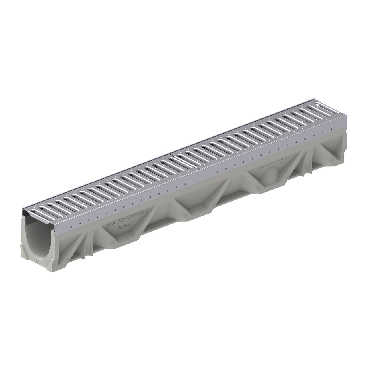 The male interlocking end of the BG-FILCOTEN® by NDS® tec V or E 100 Trench Channel Drain with two 1/2 miter metal grates with slotted design installed (NDS 10410200, NDS 17010207)