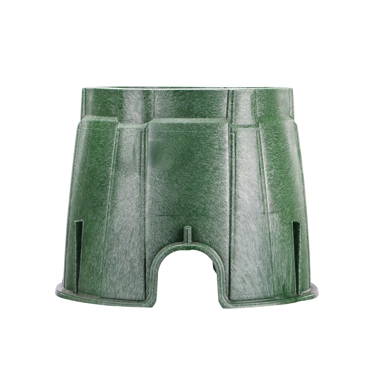 Side view of the pipe hole side on the NDS Green plastic 10 in. Round Pro-Spec® Series Valve Box (NDS 312B) showing both pipe holes available to connect valves to your irrigation system