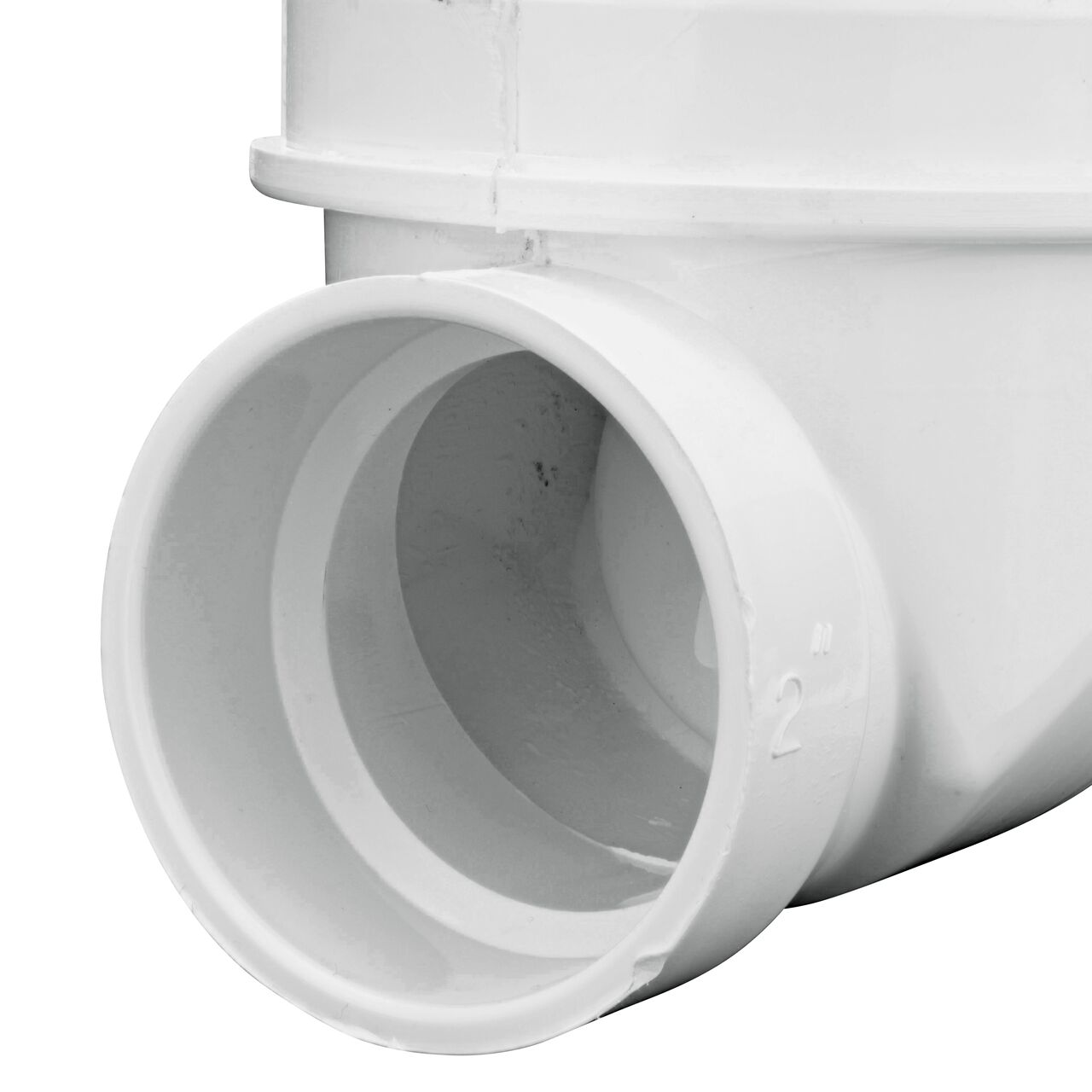 Closeup of the lower outlet end of the NDS White 2 in. PVC Backwater Valve (NDS 275P)