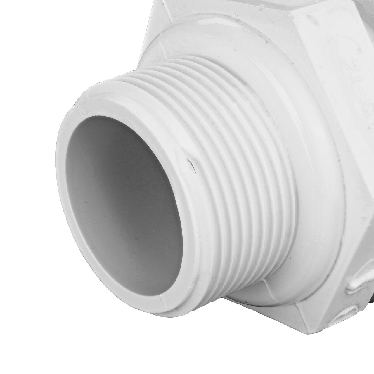 Closeup of the Threaded IPS MPT connection end on the NDS 1 1/4 in. PVC to IPS Male Adapter with Flo Lock (NDS 135-12)