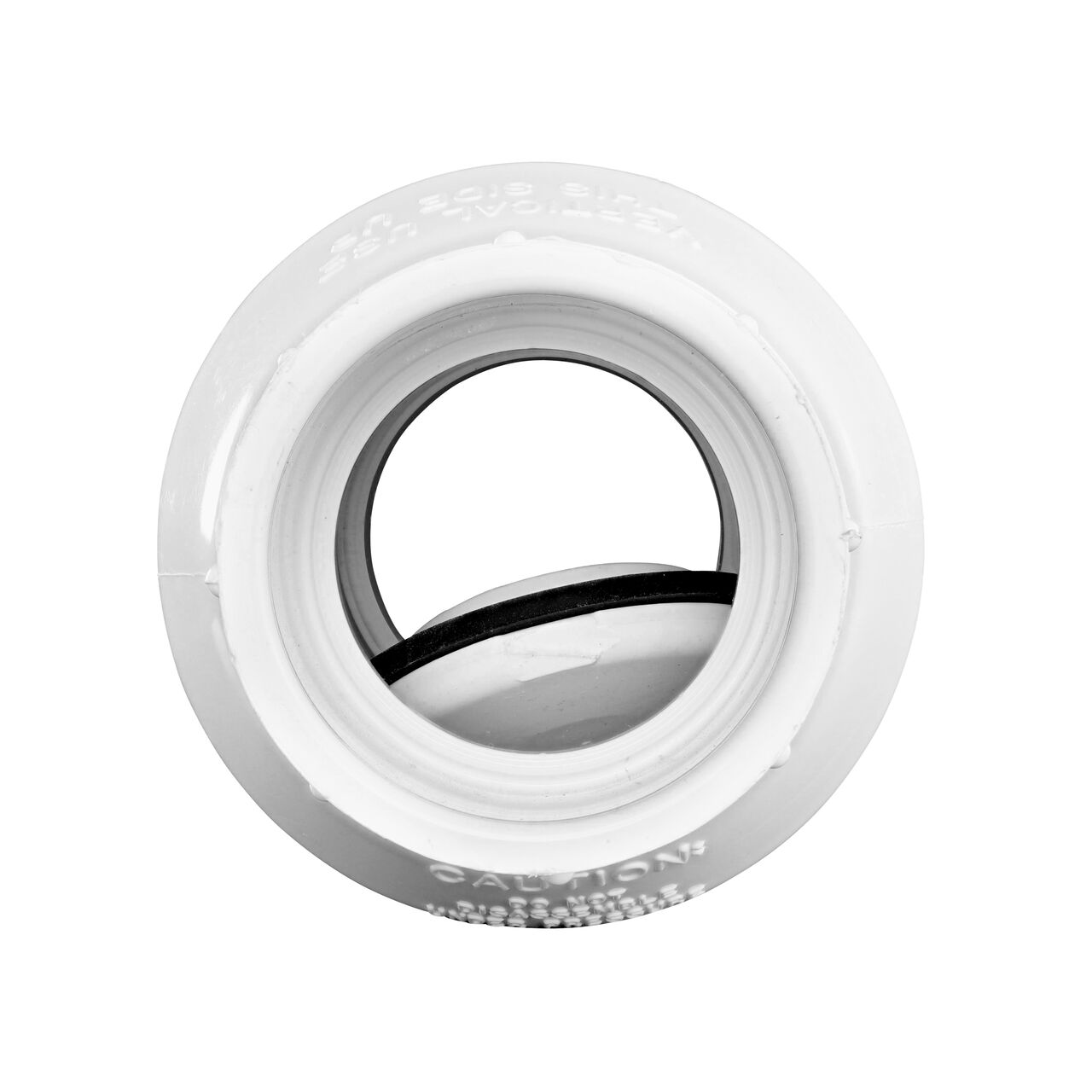 Water is conveyed through the valve as it pushes the flapper open on the NDS White 1-1/2 in. slip end by slip end PVC Swing Check Valve (NDS 1520-15)