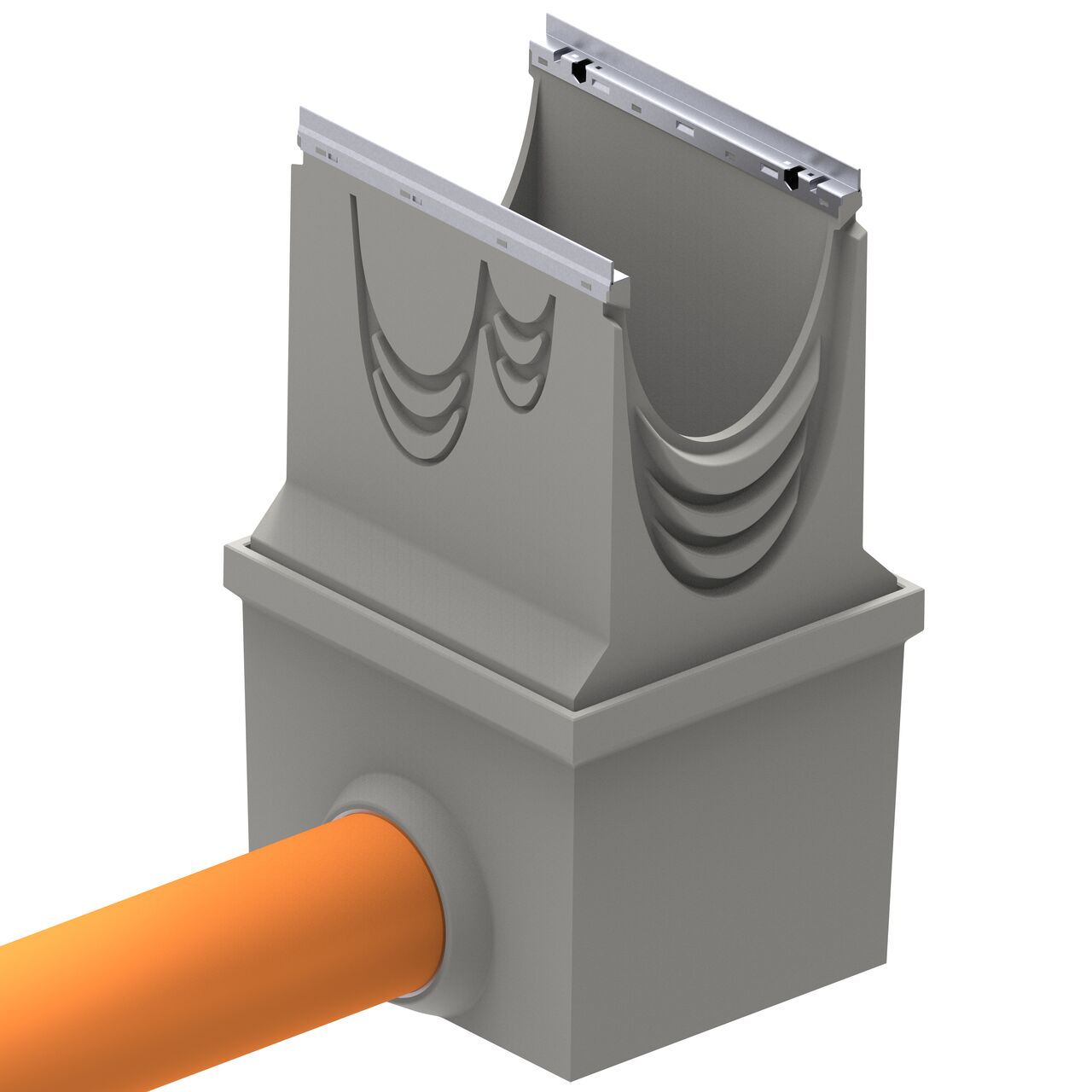 The BG-FILCOTEN® 8 in. pipe connector (NDS 70154) for trench drain catch basins works with the BG-FILCOTEN® 300 Trench Drain Inline Catch Basin Kit (NDS 10630292)