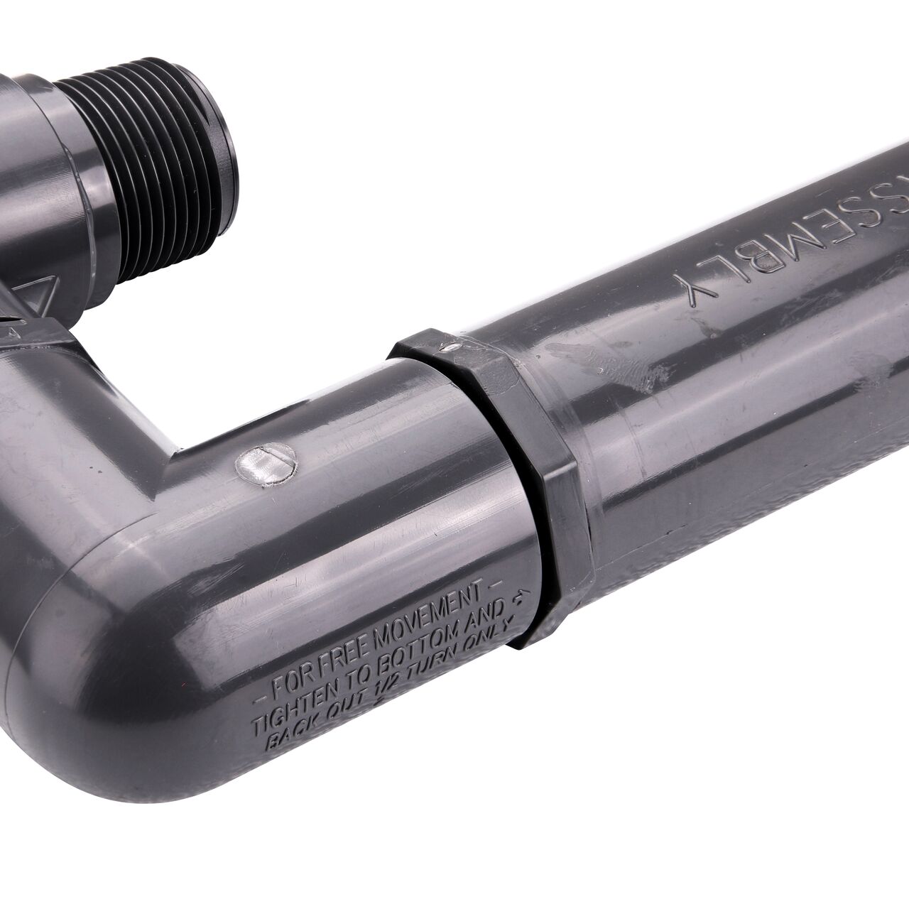 Closeup view of the NDS PVC Triple Swing Joints Assembly, Sch. 80 1 in. MPT shows a rotating elbow that is ideal for placing sprinklers in narrow or uneven areas that the pipeline can’t reach (NDS TSA-1000-TT)
