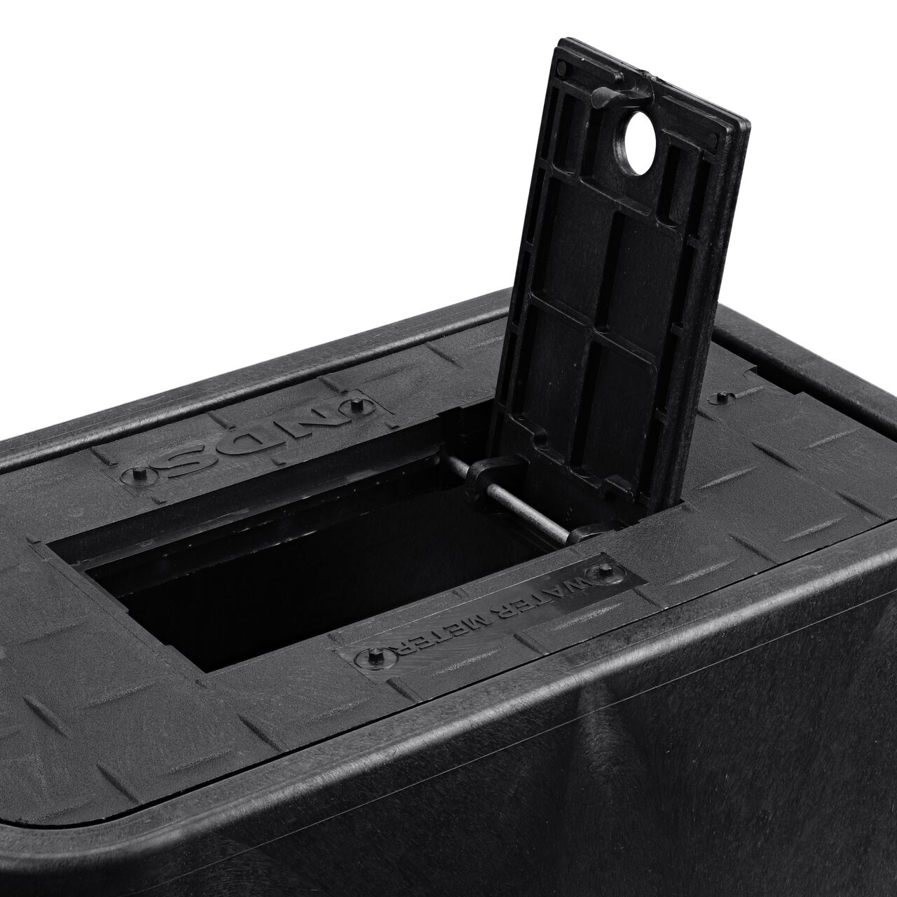 The drop-in meter box lid securely in place on the NDS 10 in. X 15 in. Rectangular D1000 Meter Series Black Meter Box and Black Water Meter Cover with plastic reader door (NDS D1000-RB) keeping components protected against the elements, foot traffic, lawn care equipment, and potential vandalism while keeping them out of sight