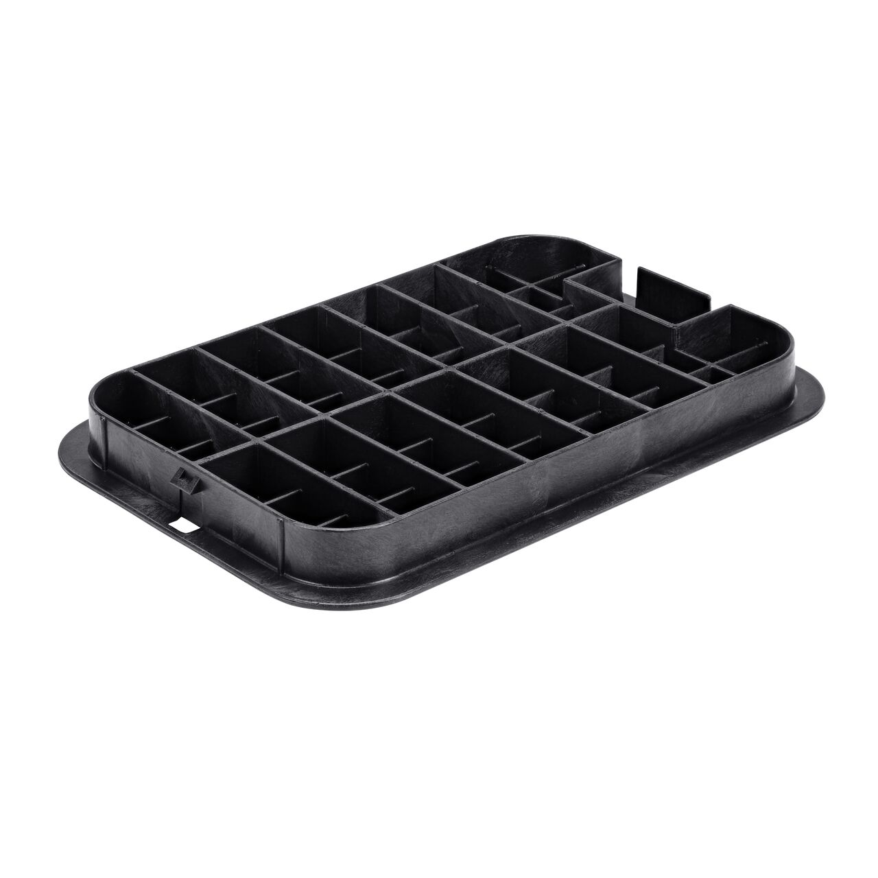 Bottom view of the reinforced ribs on the NDS 13 X 20 in. Black water cover (NDS 117CW) that fits the NDS 13 X 20 in. Standard Series Jumbo Valve Box