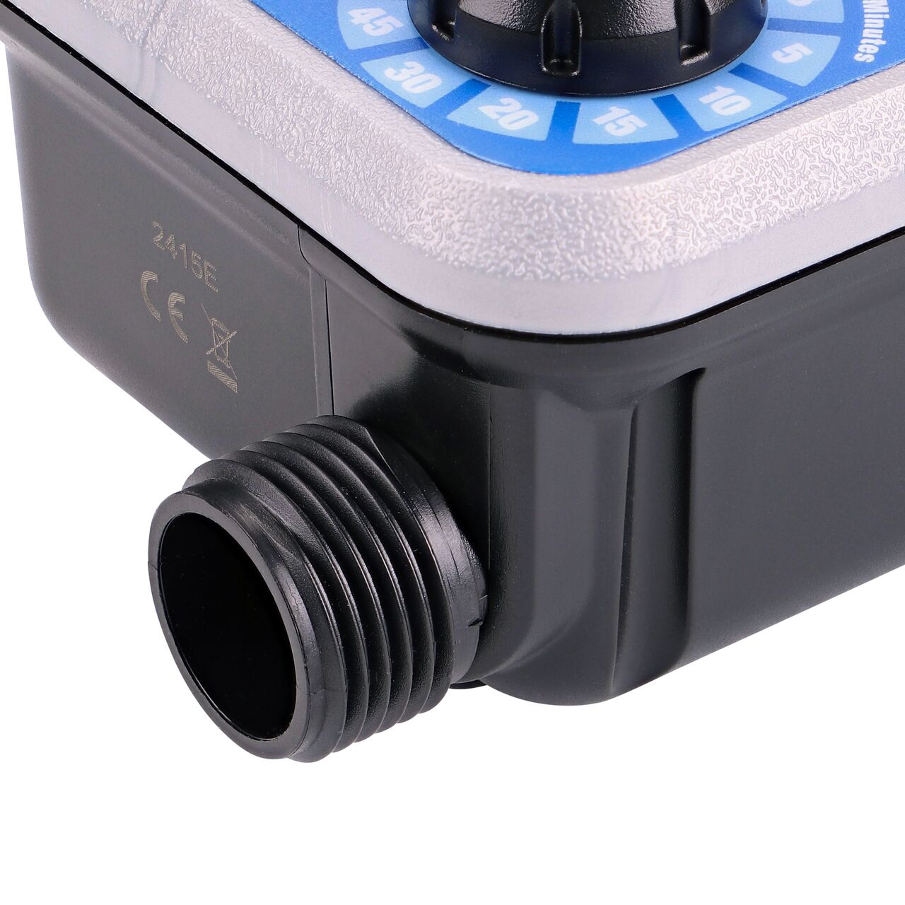 Closeup of the inlet connection of the NDS Automatic Water Timer which screws onto an outdoor faucet or hose bibb (NDS A675CT)