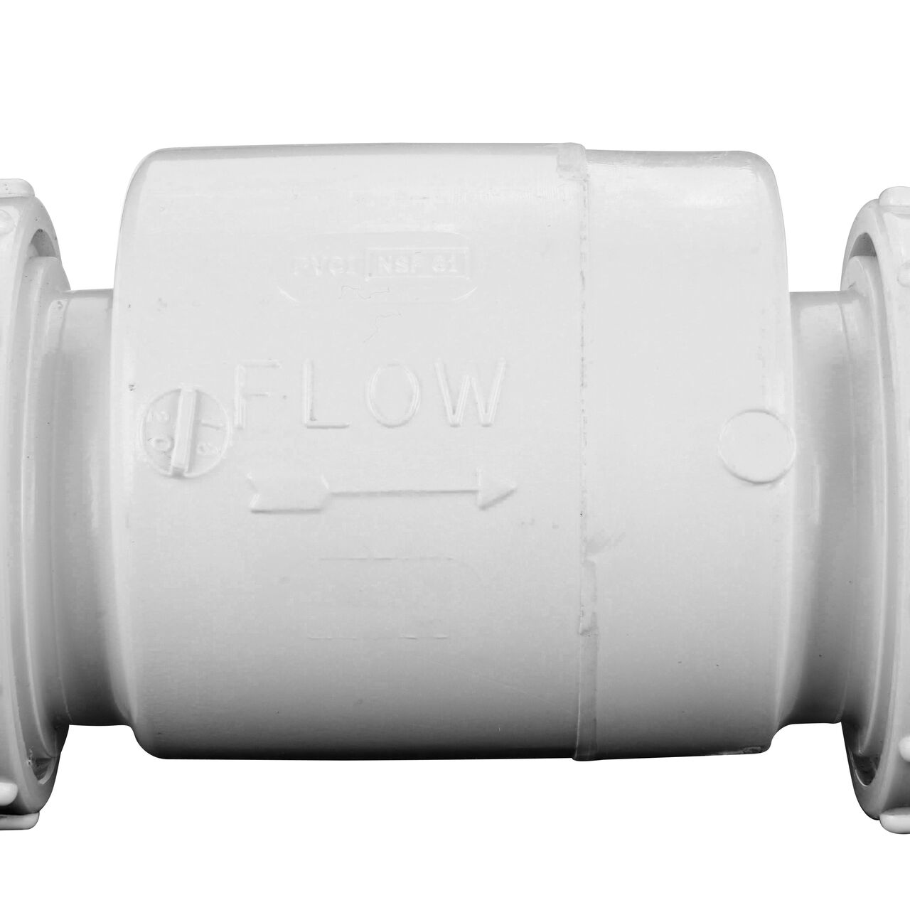 Closeup of the arrow showing water flow direction on the NDS White 1 in. PVC True Union Swing Check Valve (NDS 1720-10) Rated at 125 PSI Static Pressure at 72°F