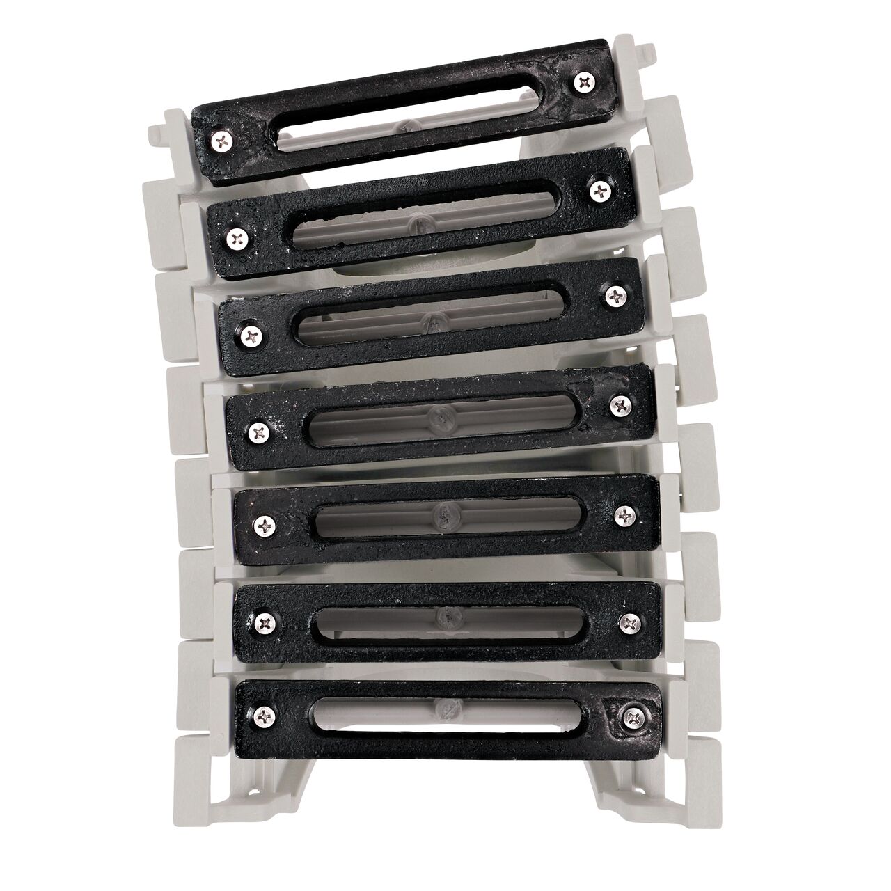 Top down view of 3 degree bend in Seven Ductile Iron Slotted Design Dura Slope™ Channel Drain EZ-Track™ Radius Coupling Grate (NDS DS-232MG) installed on seven Dura Slope EZ-Track Radius Couplings (NDS DSRC)