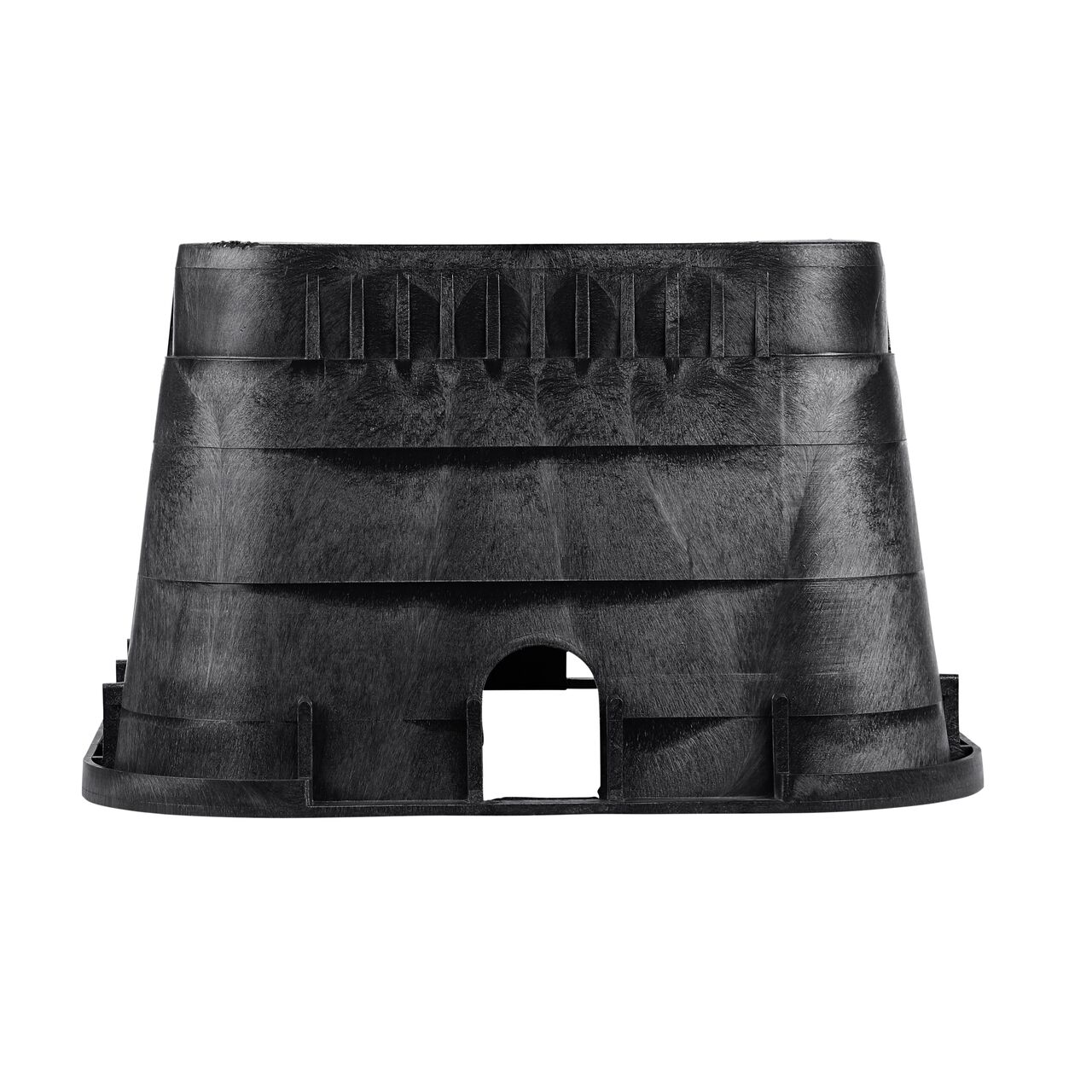 Side view of the other pipe hole side on the NDS black plastic 13 in. X 20 in. Rectangular Meter Box and AMR cover (NDS D15AMR2-DUOLSB) showing one pipe hole available to connect valves to your irrigation system