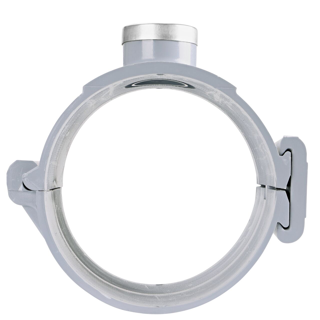 Front facing view of the NDS Clamp-It™ Rigid PVC Saddle with 1-1/2 in. FPT connection on top (NDS 446015) for 6 in. PVC pipe showing both the wedge and hinge sides