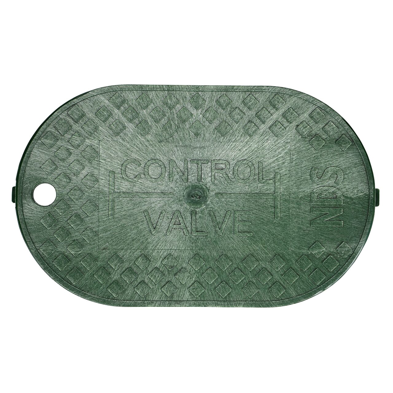 Top down view of the top side of the Green Control Valve drop-in cover (NDS M4-SGL) for the NDS 8 in. x 14 in. Oval Standard Series