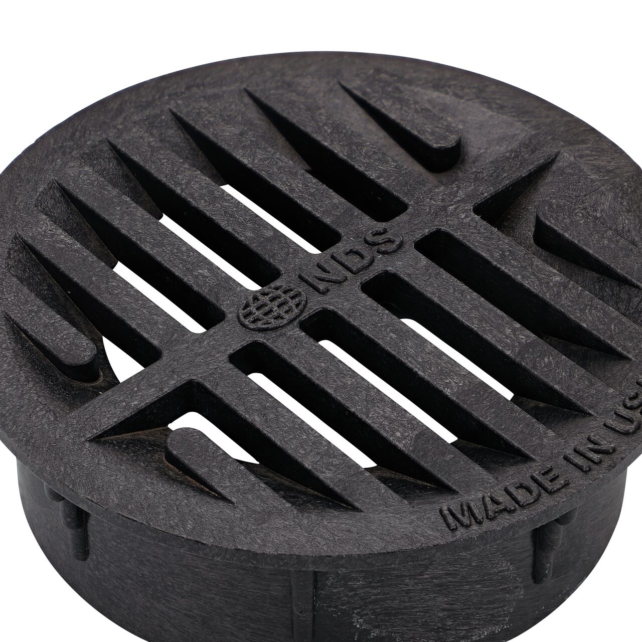 Closeup of the grate design on the NDS 3 in. Round Grate made of black plastic (NDS 14*, NDS 14)
