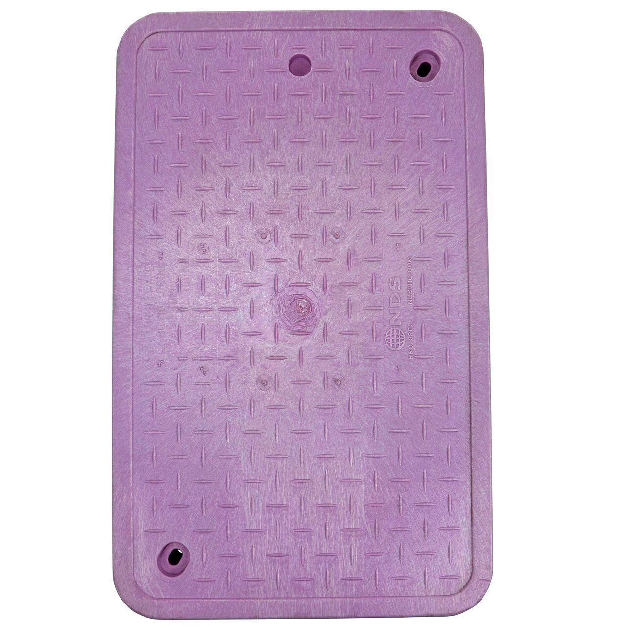 Top down view of the top side of the Purple Reclaimed Water cover for the NDS 13 in. X 24 in. Rectangular Pro-Spec® Series Valve Box (NDS 322PBCBR) showing the Purple Reclaimed Water markings, bolt holes, and finger hole