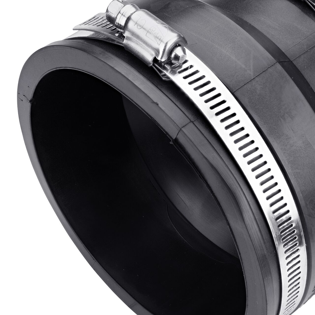 Closeup view of the large end on the NDS 4 in. X 3 in. flex coupling connects two cast iron/sewer and drain or DWV/copper/steel/lead pipes (NDS 56-43)