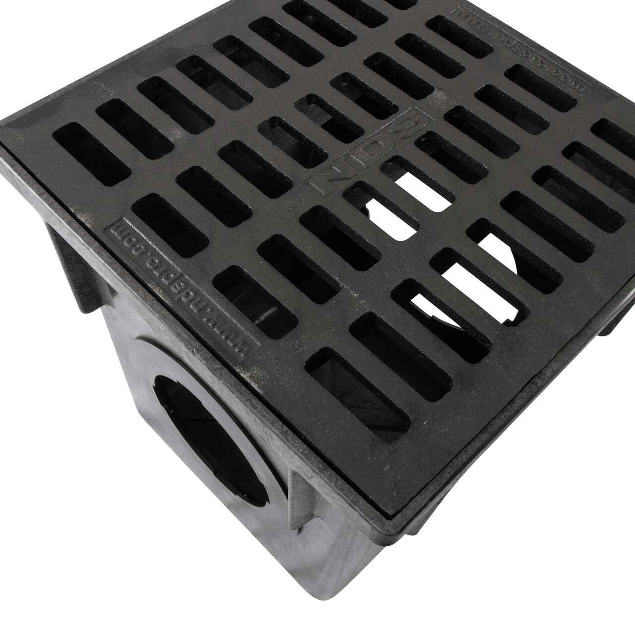 Closeup view of 18 in. Square Catch Basin Drain Grate, Cast Iron (NDS 1813) sitting on a NDS 18 in. Square Catch Basin (NDS 1882)