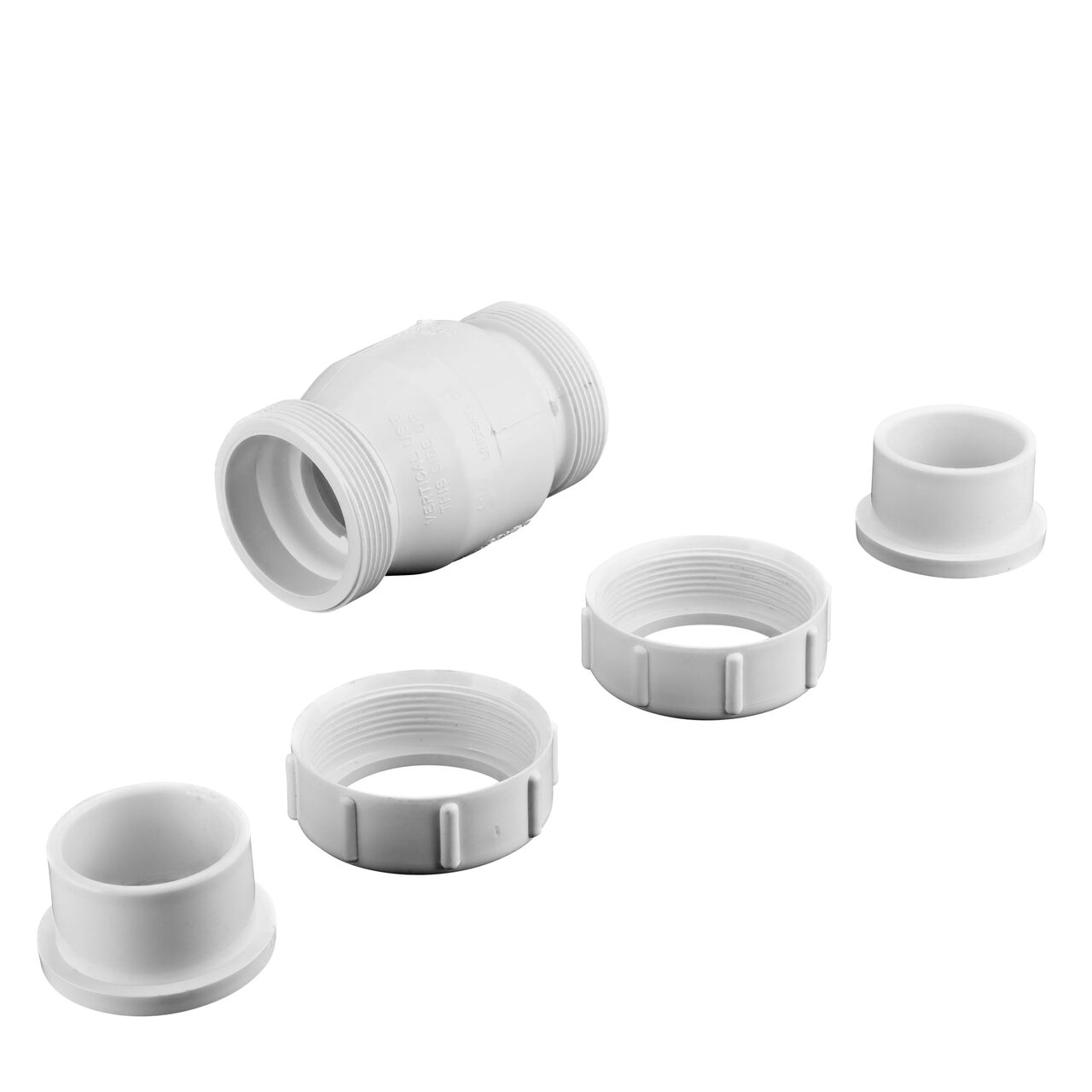 Unassembled view of the NDS White 1-1/2 in. IPS PVC True Union Swing Check Valves where ends unscrew to remove for maintenance (NDS  1720-15)
