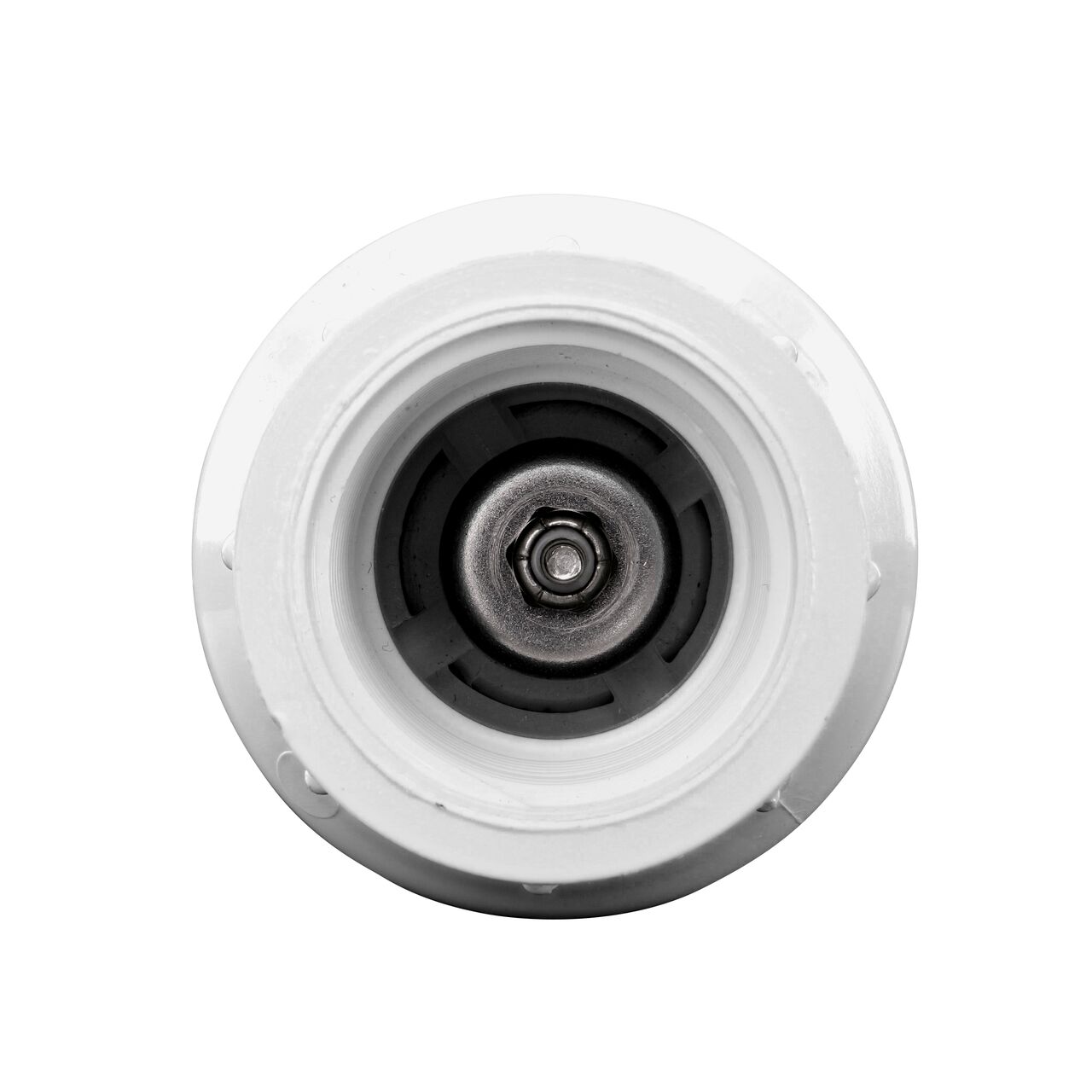 View of the adjustable nut within one threaded end of the NDS White 1 in. IPS FPT X FPT PVC Adjustable Spring Check Valve with 4-1/8-17 lb. Spring (NDS 1205-10)