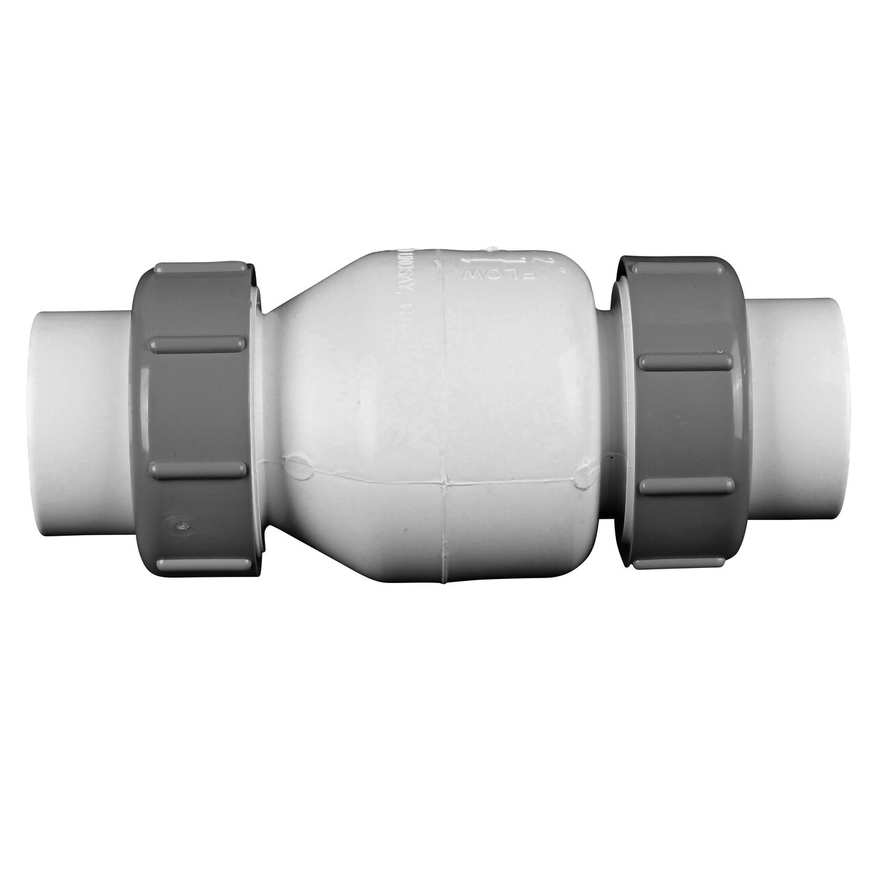 Side to side view of the NDS White 2 in. slip end by slip end PVC True Union Spring Check Valve with 1/2 lb. Spring (NDS 1700-20)