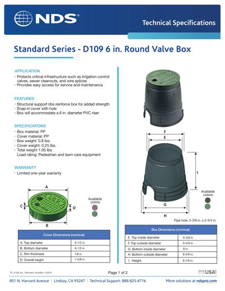 NDS 6 in. Round D109 Standard Series Valve Boxes & Covers Tech Spec