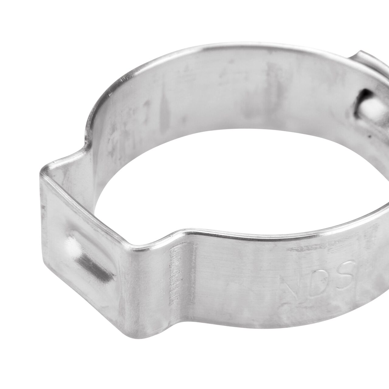 Closeup of the pinch clamp ear end on the NDS 198R Stainless Steel Pinch Clamp (NDS NC155000-011) which bends to confirm a secure, permanent closure.
