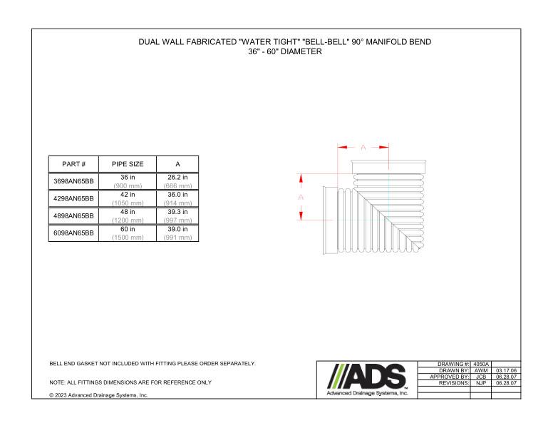 36" - 60" Fabricated Water Tight Bell-Bell 90 Degree Manifold Bends (HDPE Dual Wall Fabricated Manifolds Fittings)