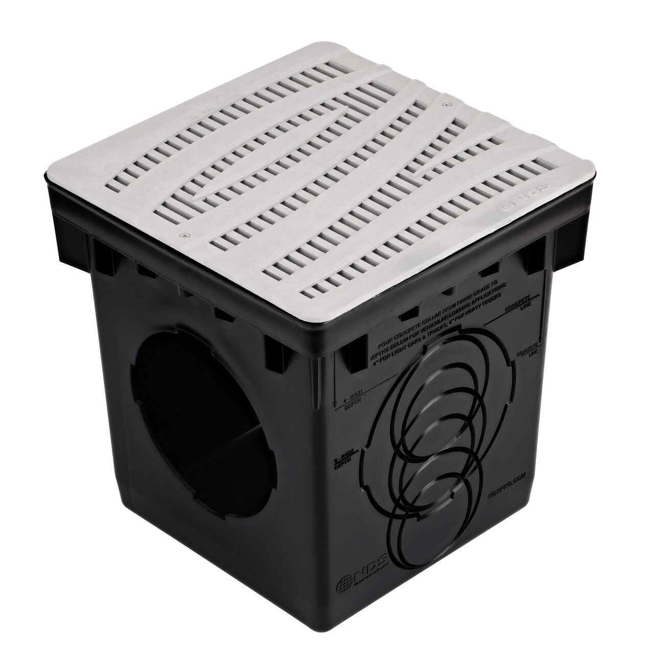 The 12 in. NDS Square Catch Basin Drain Grate, Decorative Wave Design, Gray Plastic (NDS 1224GY) fits on a NDS 12 in. Square Catch Basin (NDS 1200)