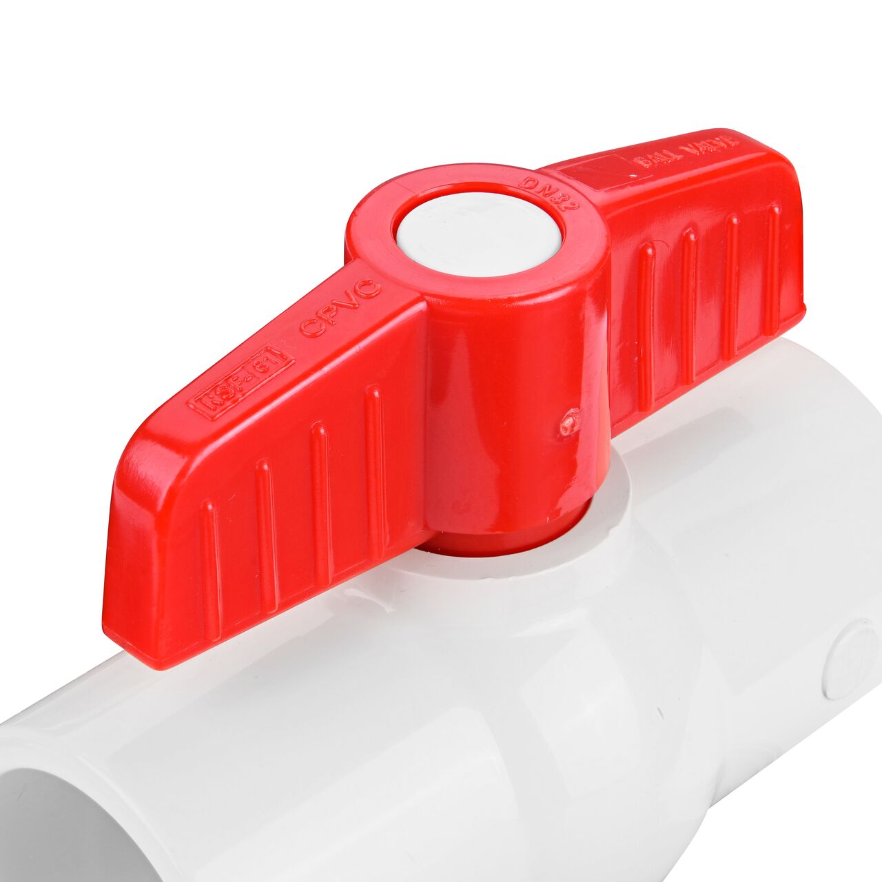 Closeup of the NDS CTS Ball Valve showing the handle that rotates two ways to control water flow (NDS C1310-12)