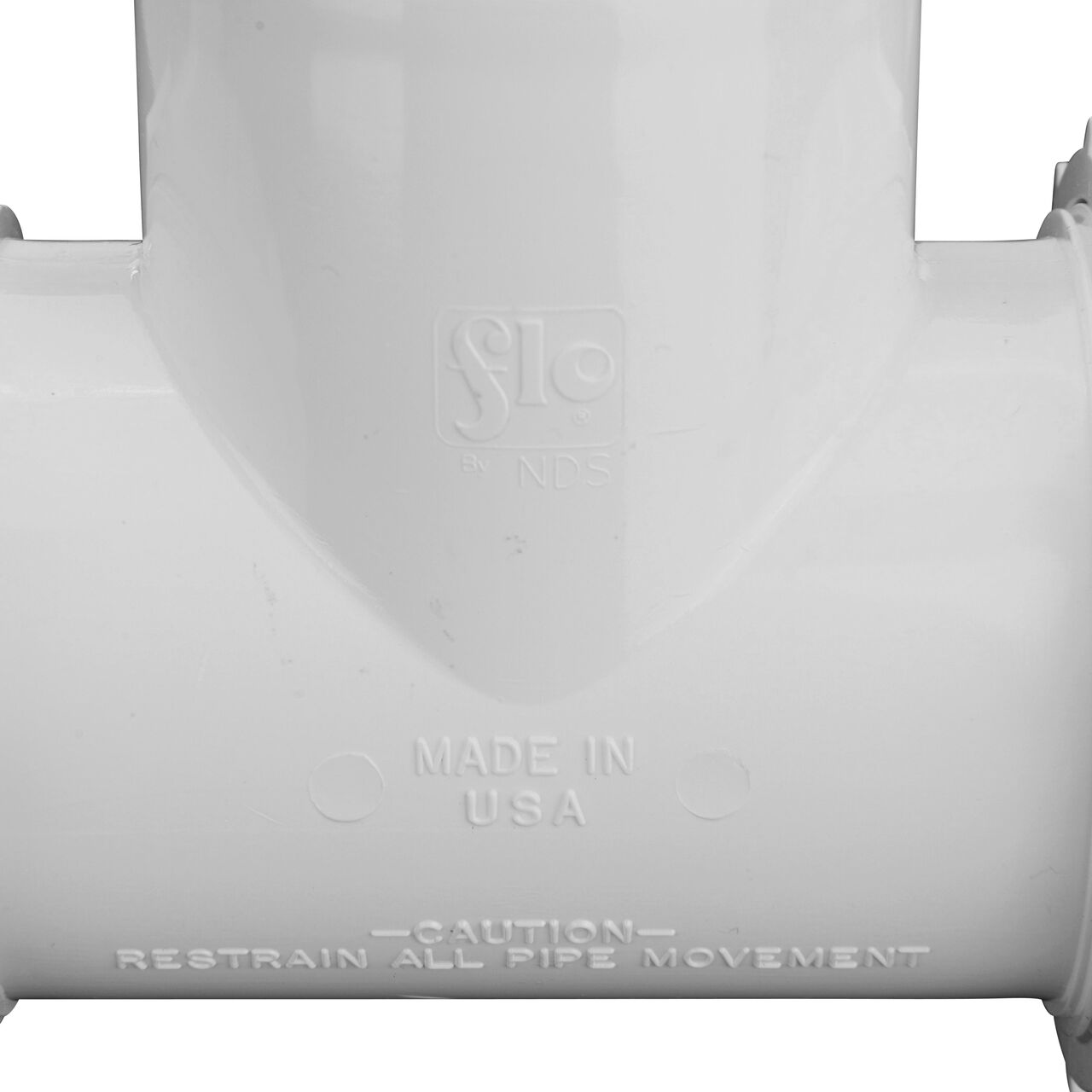 Closeup view of The NDS PVC Threaded Tees 2 in. UC X S IPS showing that it is made in the USA as part of a complete flow management system for pool, spa, irrigation, and plumbing applications (NDS CPT-2000-S)