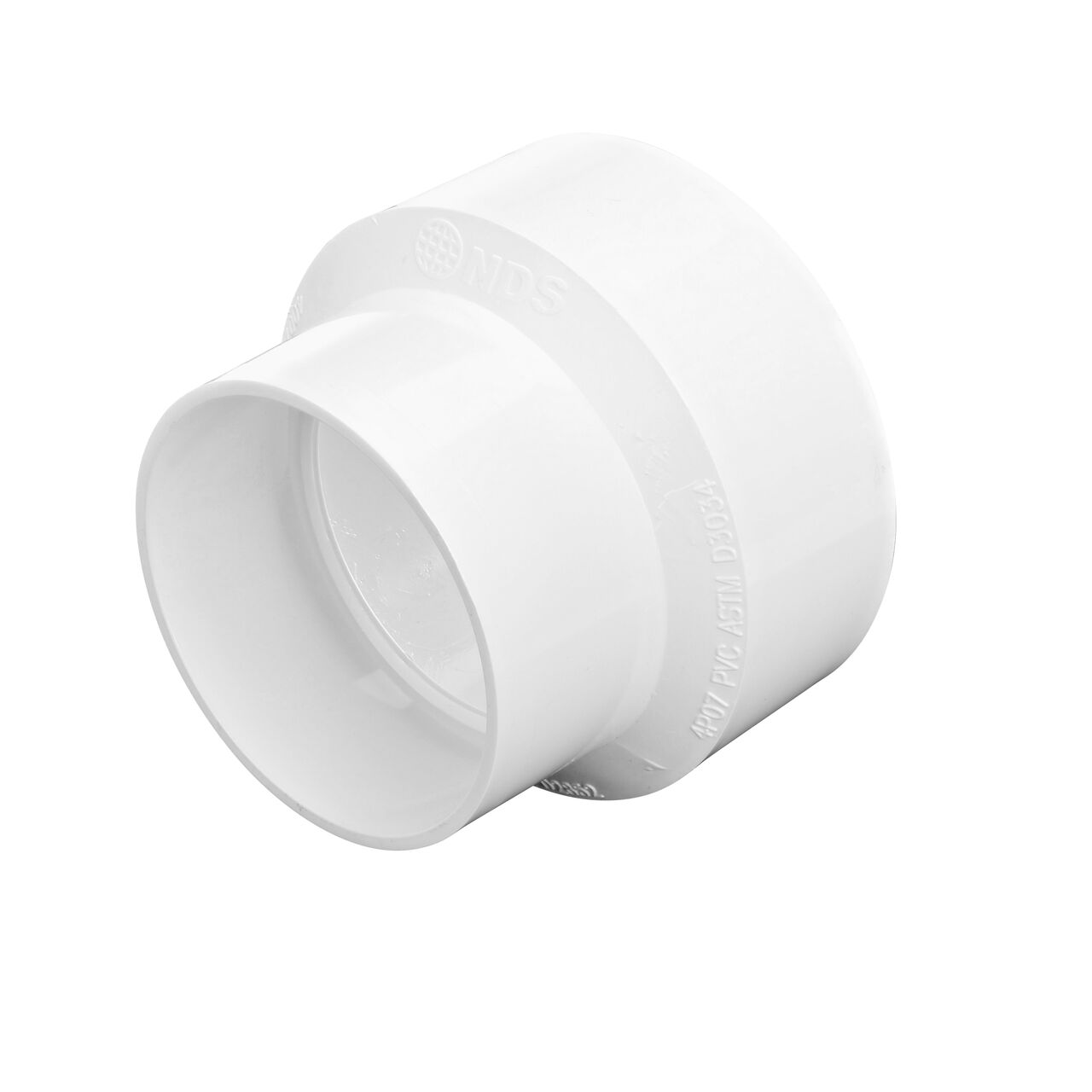 PVC reducer coupling, connects 4 in. Sewer and Drain pipe to 3 in. Sewer and Drain pipe, Hub X Hub connection (NDS 4P07*, NDS 4P07, NDS 407*)