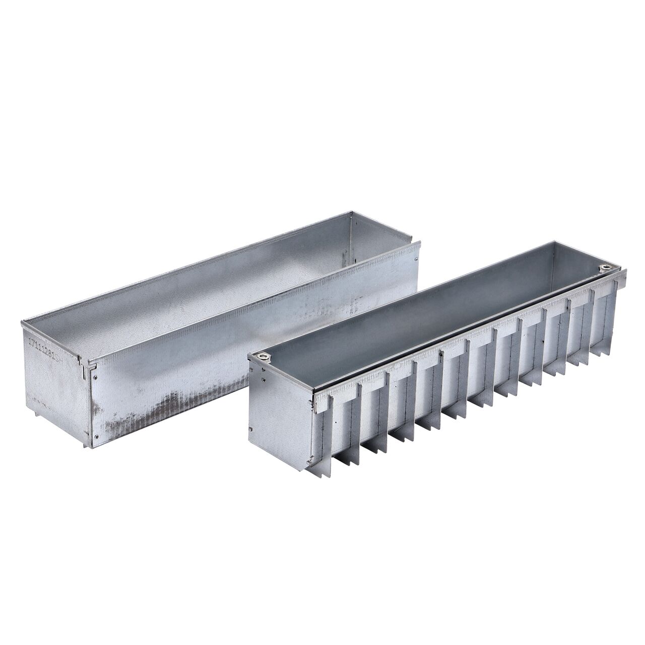 Unassembled View of NDS Galvanized Steel Dura Slope Channel Drain Slot Top Maintenance Unit (DS-STMAINT) which includes a removable maintenance unit and an in-place unit for each access to inside the Dura Slope Channel Drains