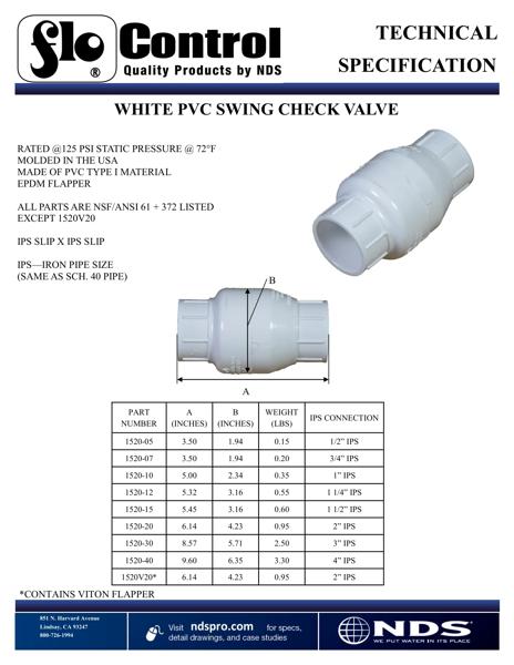NDS Slip Swing Check Valve White Tech Spec
